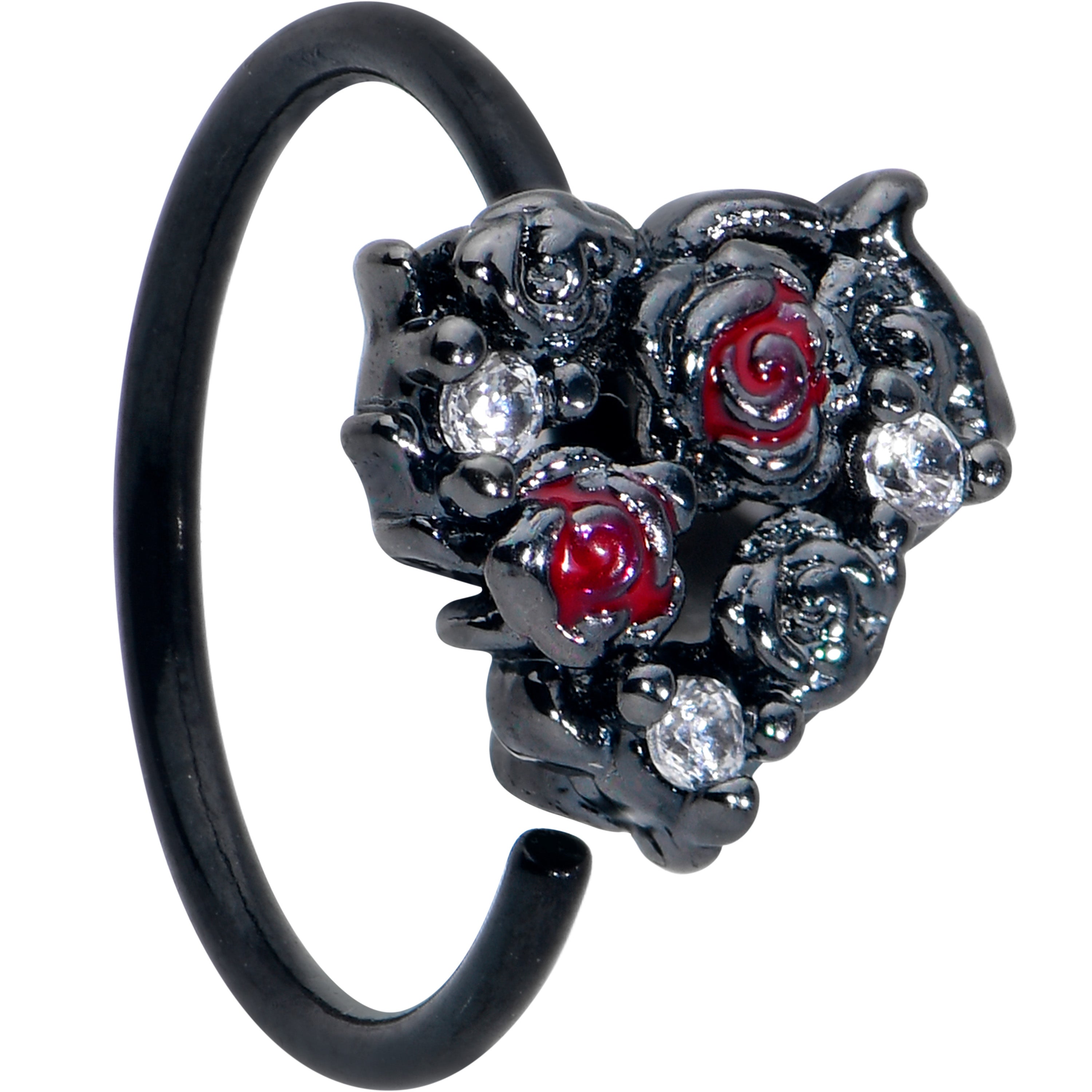 20G 5/16 Red Clear Gem Black Floral Heart Nose Hoop