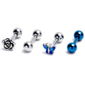 16G 1/4 Blue Butterfly Rose Flower Cartilage Earring Curation Set of 4