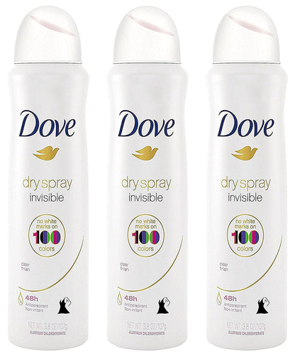 Dove Antiperspirant Dry Spray - Invisible - Clear Finish - 3.8 OZ (107 g) Per Can - Pack of 3 Cans