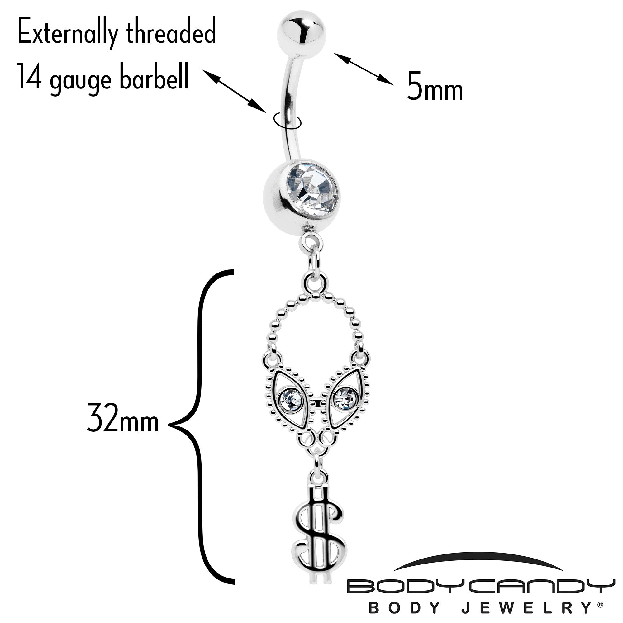 Clear Gem Seeing Dollars Dangle Belly Ring