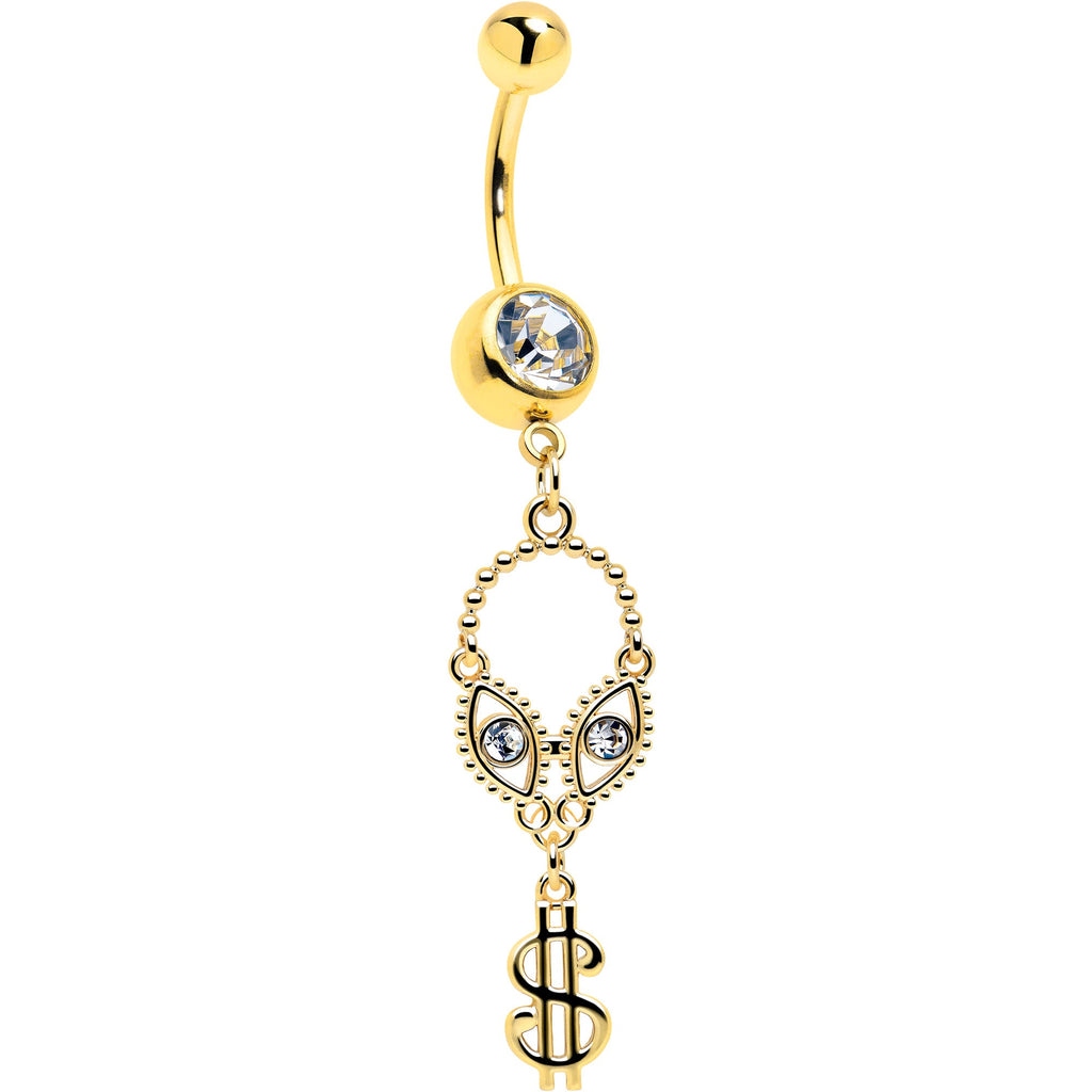 Clear Gem Gold Tone Seeing Money Dangle Belly Ring