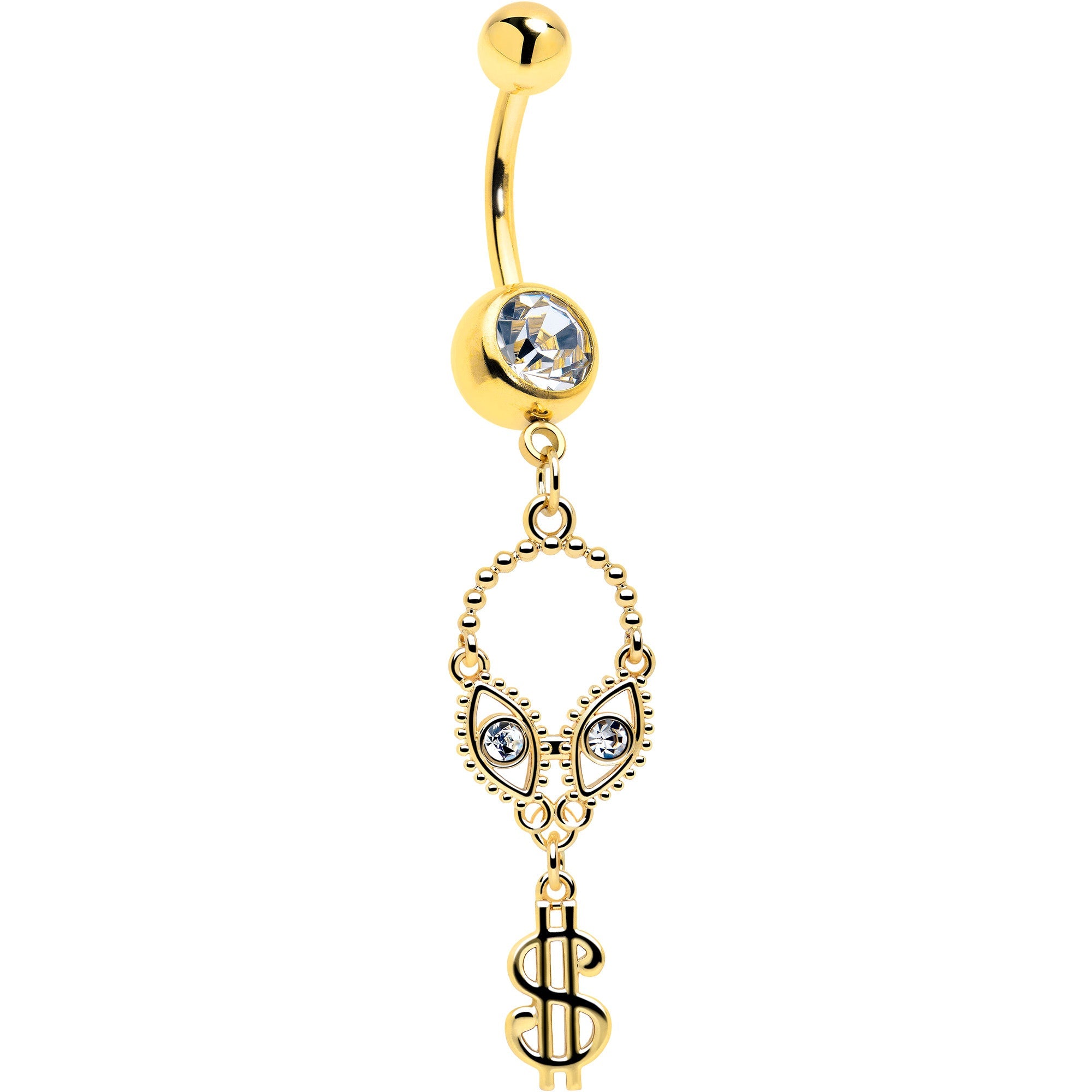 Clear Gem Gold Tone Seeing Money Dangle Belly Ring