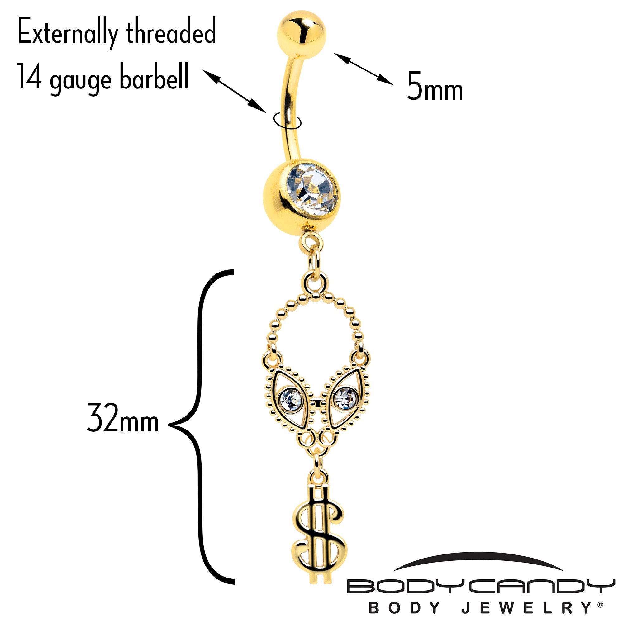 Clear Gem Gold Tone Seeing Money Dangle Belly Ring