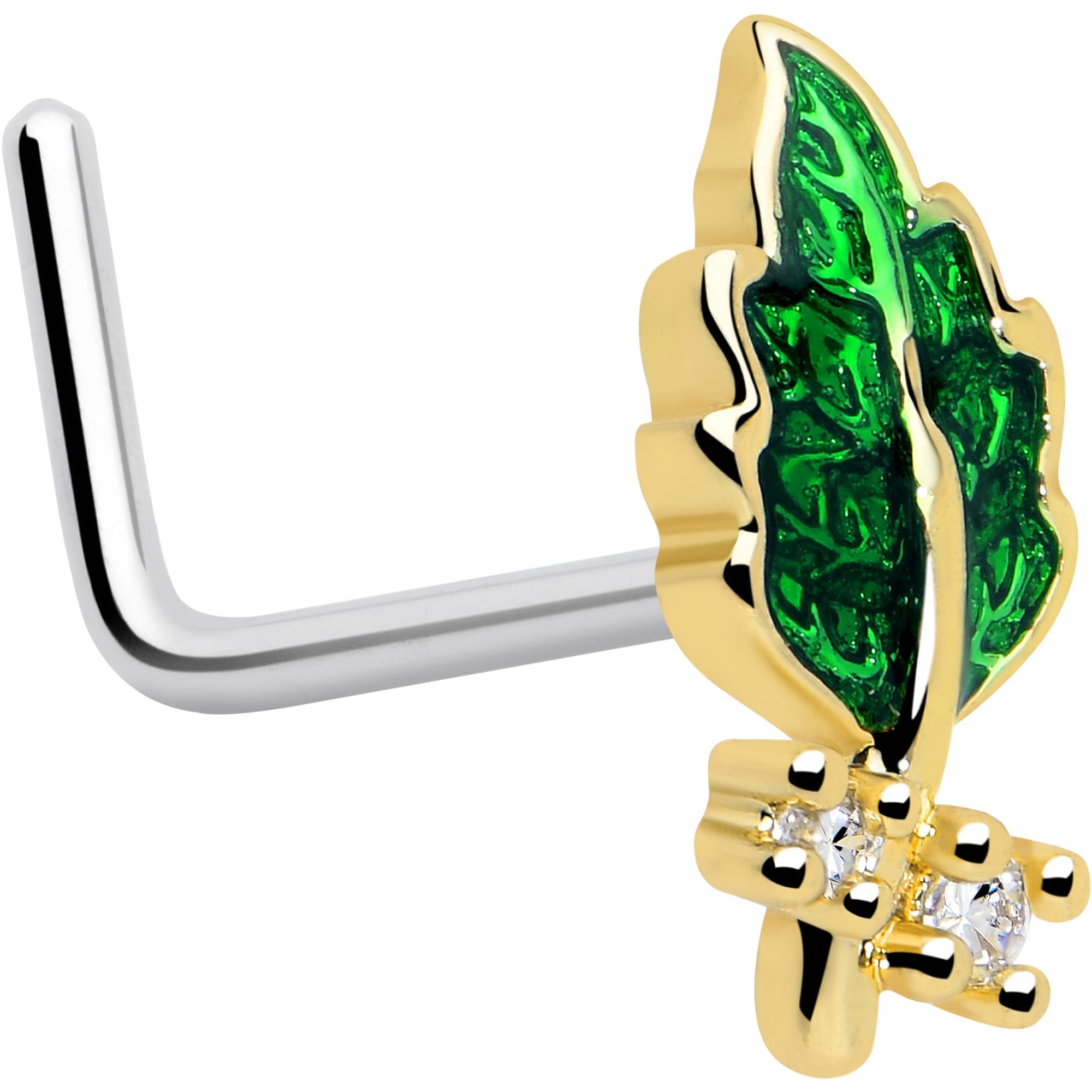 20G 7mm Clear Gem Green Leaf Golden L Shape Nose Ring