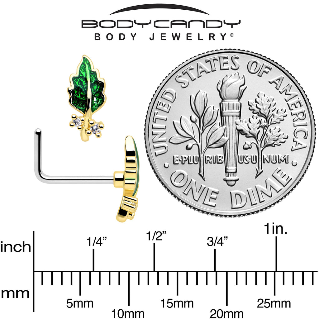 20G 7mm Clear Gem Green Leaf Golden L Shape Nose Ring