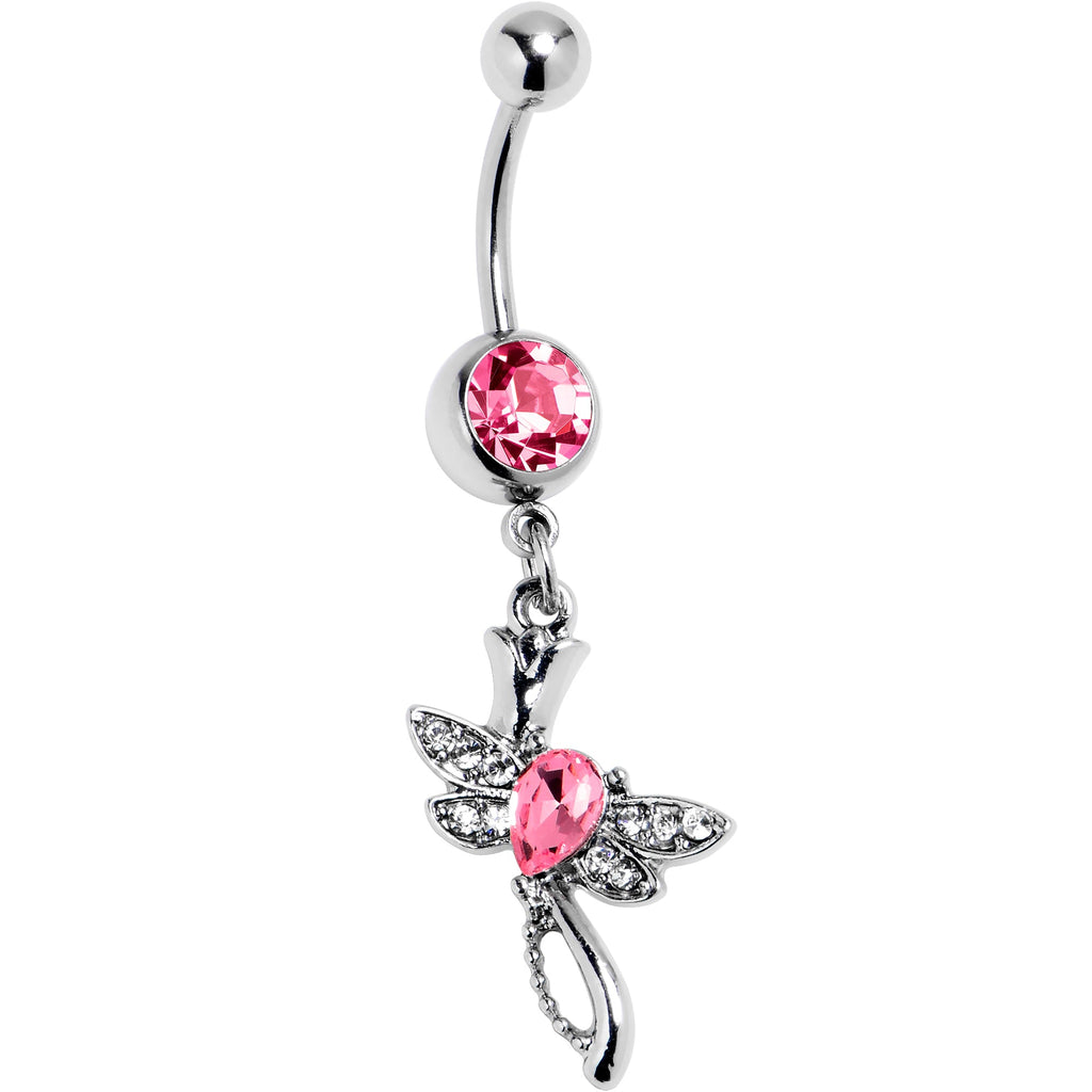 Pink Gem Bold Dragonfly Dangle Belly Ring