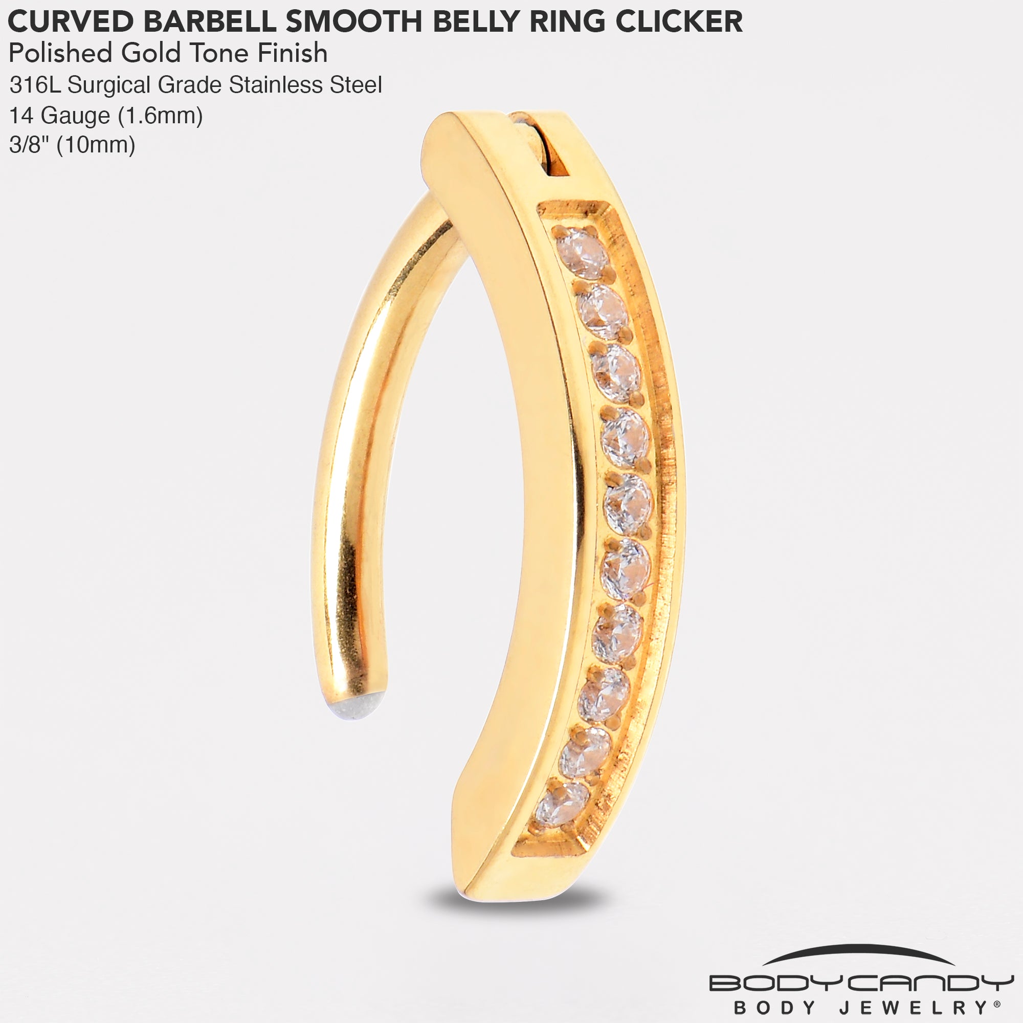14G 3/8 Gold Tone CZ ASTM F-136 Implant Grade Titanium Hinged Hoop Belly Ring