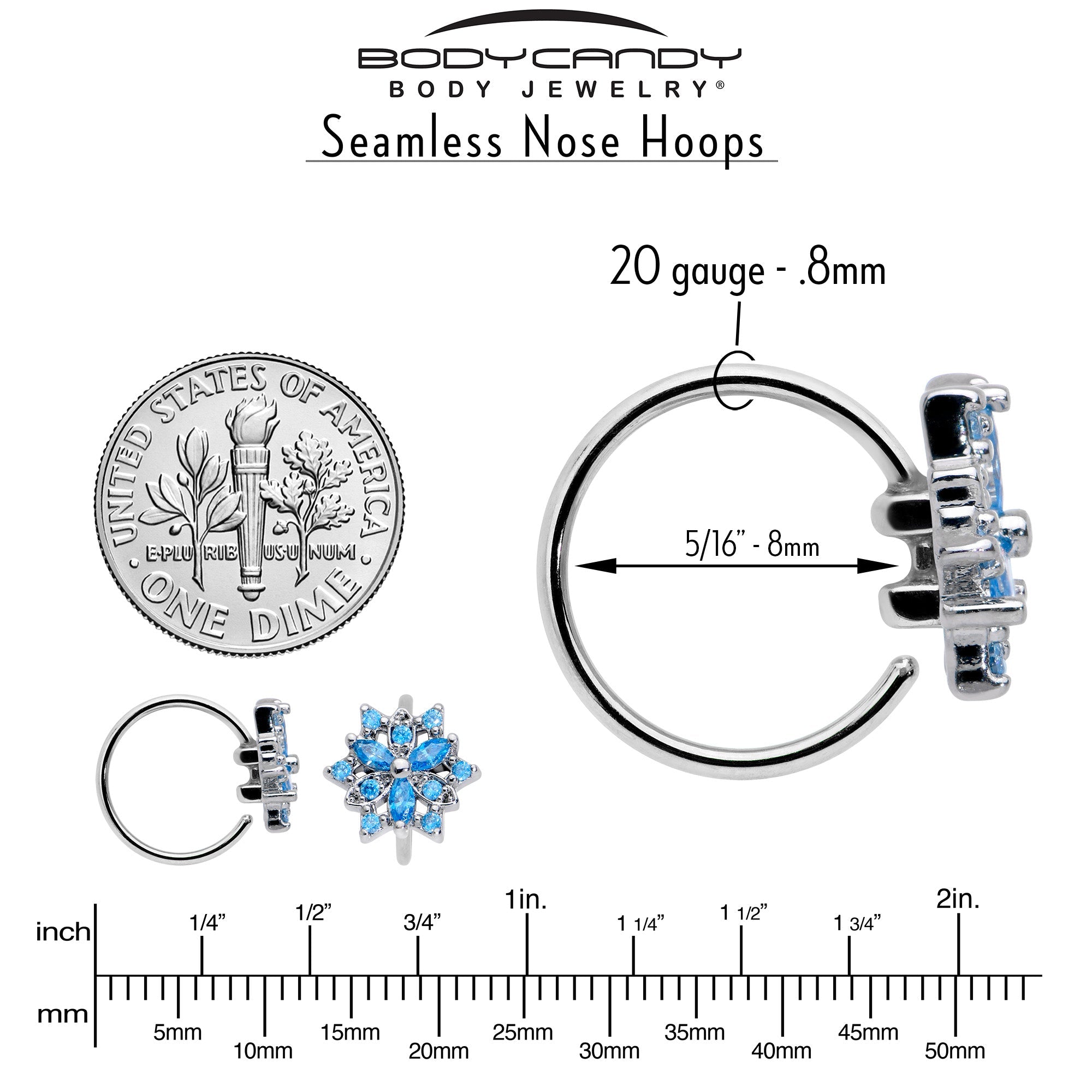 20G 5/16 Blue CZ Gem Snowflake Style Nose Hoop