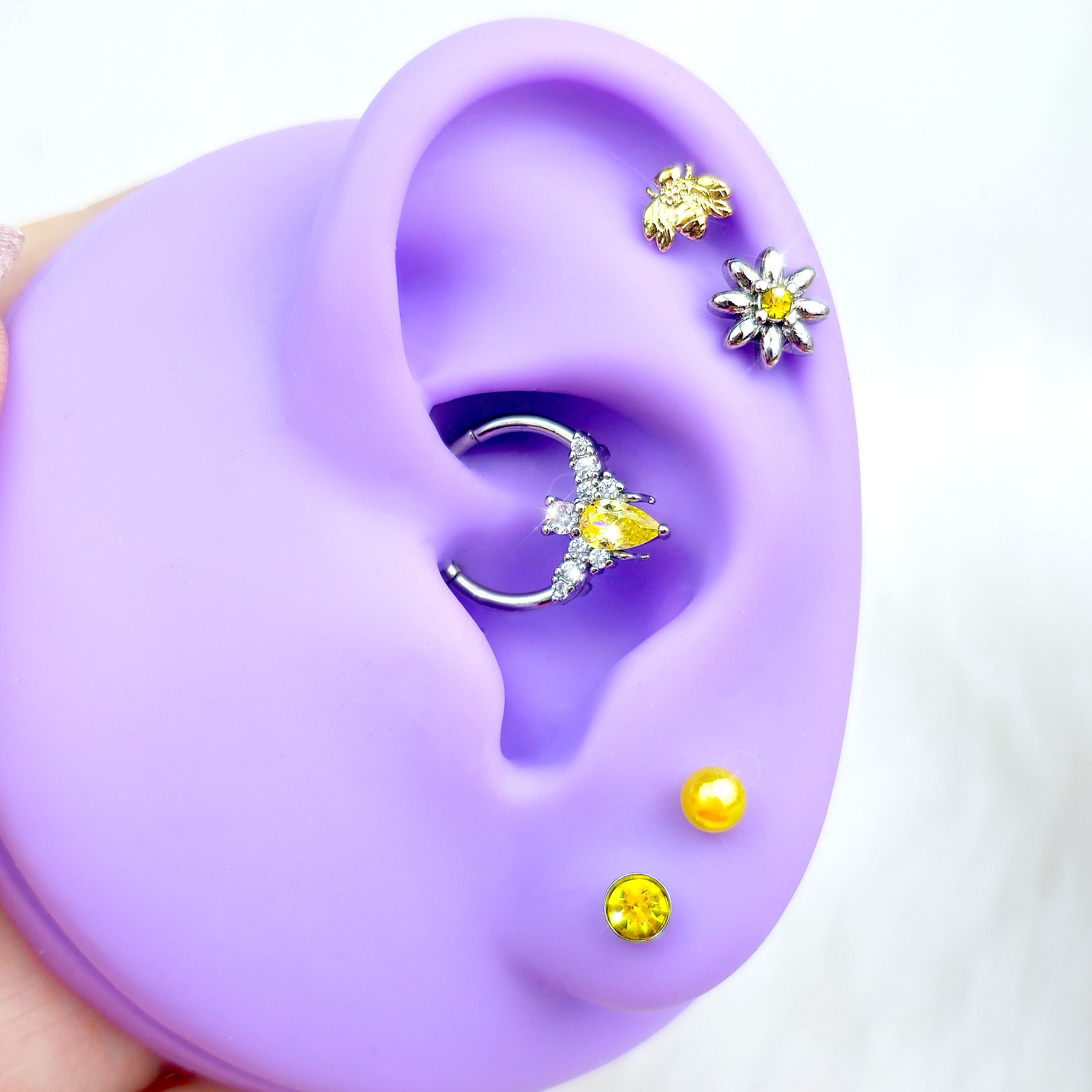16G Yellow Gem Bee Flower Labret Segment Ring Ear Curation Set of 5