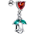 16G 1/4 Red CZ Gem Heart And Rose Dangle Cartilage Earring