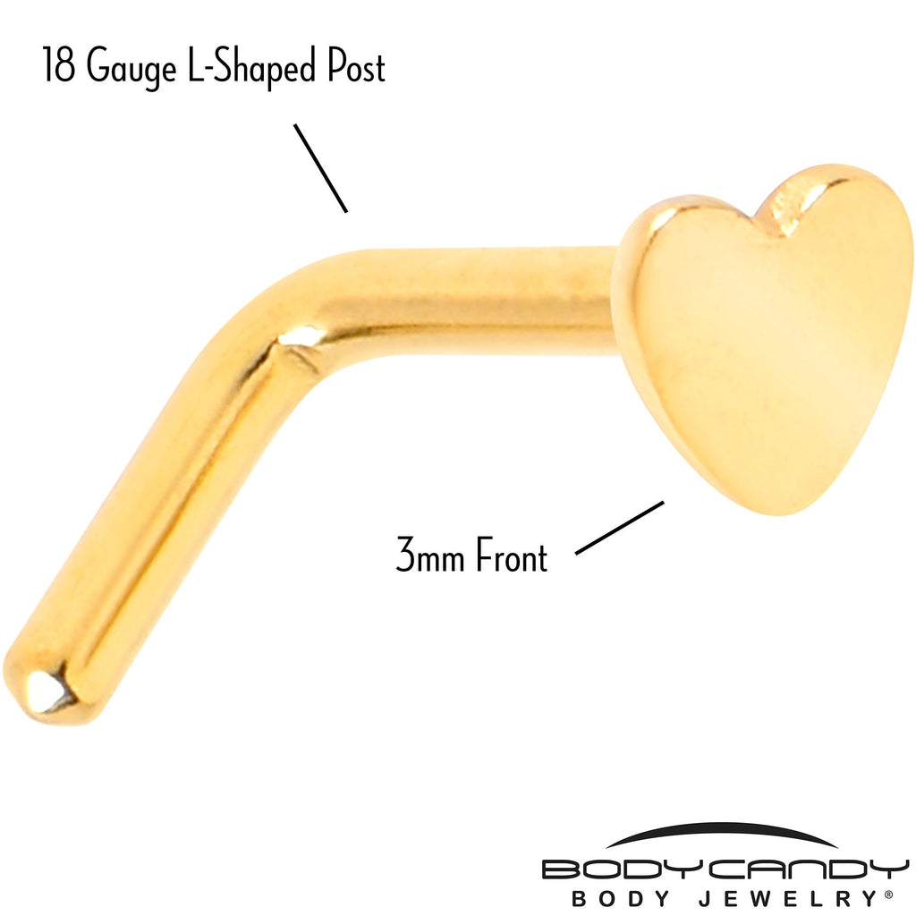 18G 1/4 Gold Tone ASTM F-136 Implant Grade Titanium Heart End L Shape Nose Ring