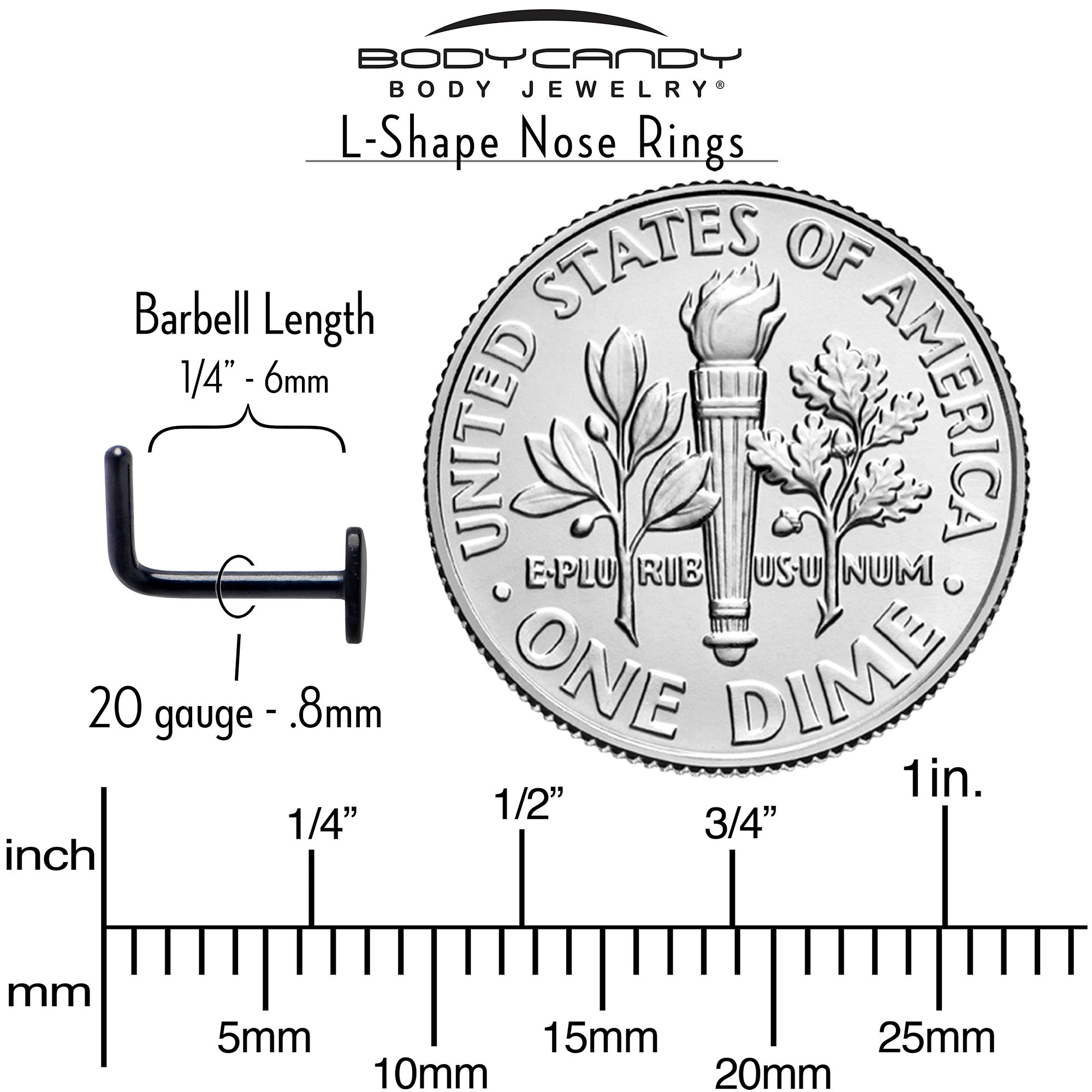 20G 1/4 Black ASTM F-136 Implant Grade Titanium Heart End L Shape Nose Ring