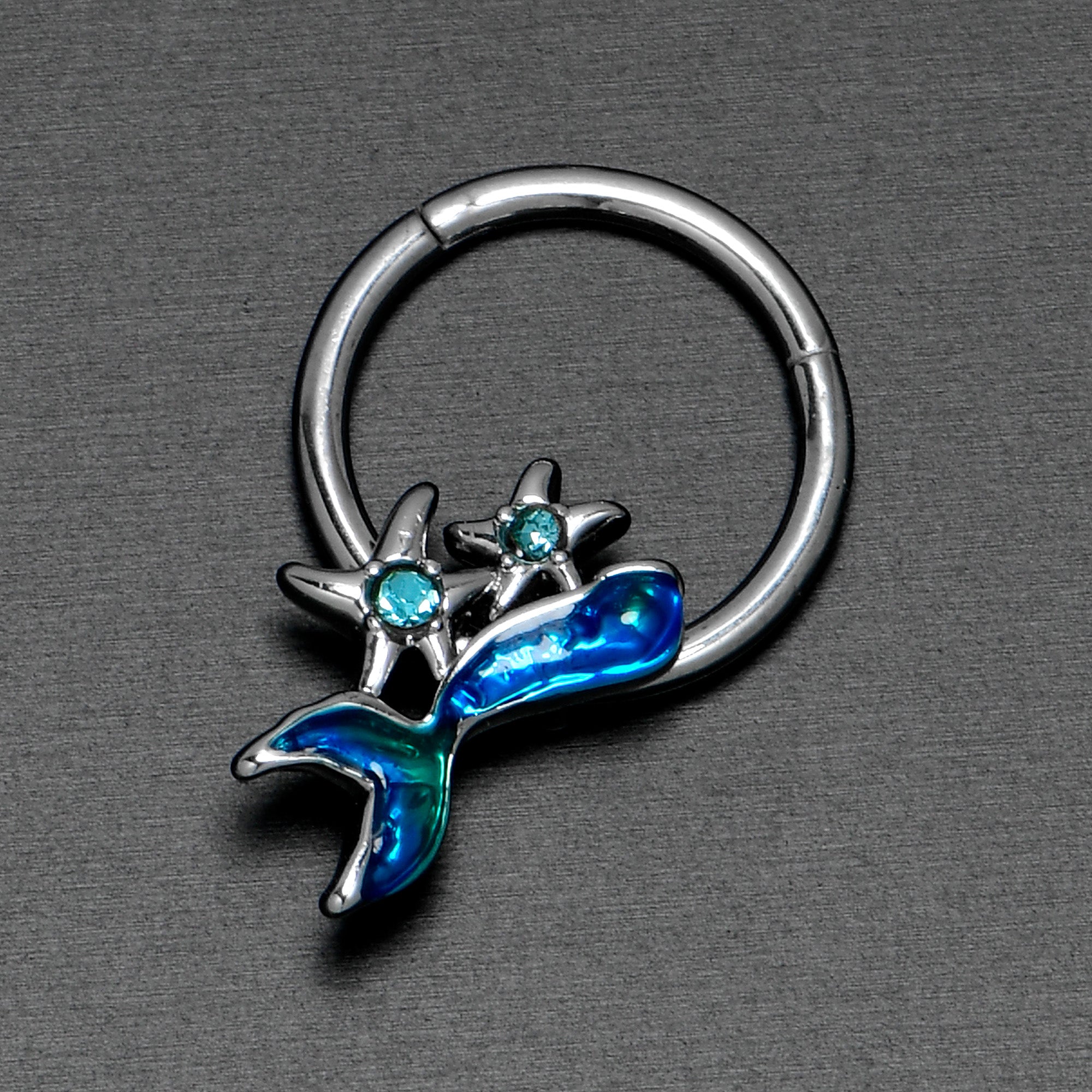 16G 3/8 Blue Gem Blue Mermaid Tail Stars Hinged Segment Ring