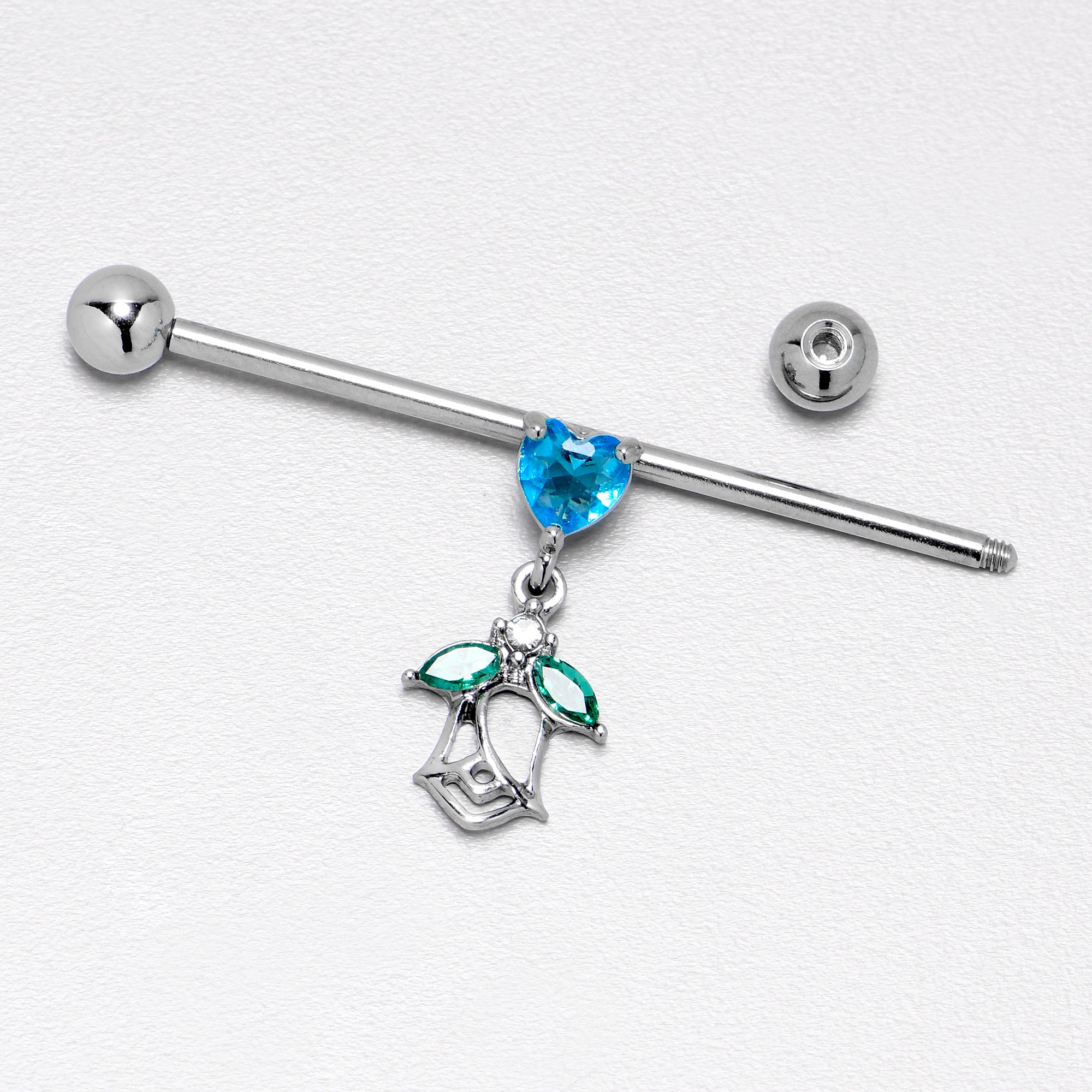14G Blue CZ Gem Heart And Rose Dangle Industrial Barbell 38mm