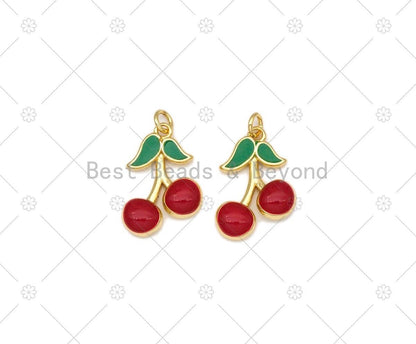 Enamel Red Cherry Shape with Green Leaf Pendant, LK475