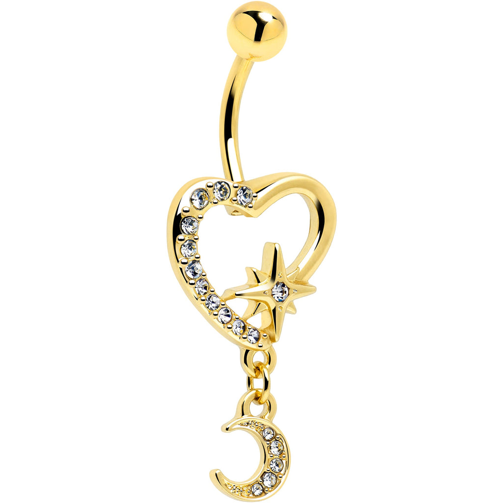 Clear Gem Gold Tone Heart Moon Dangle Belly Ring