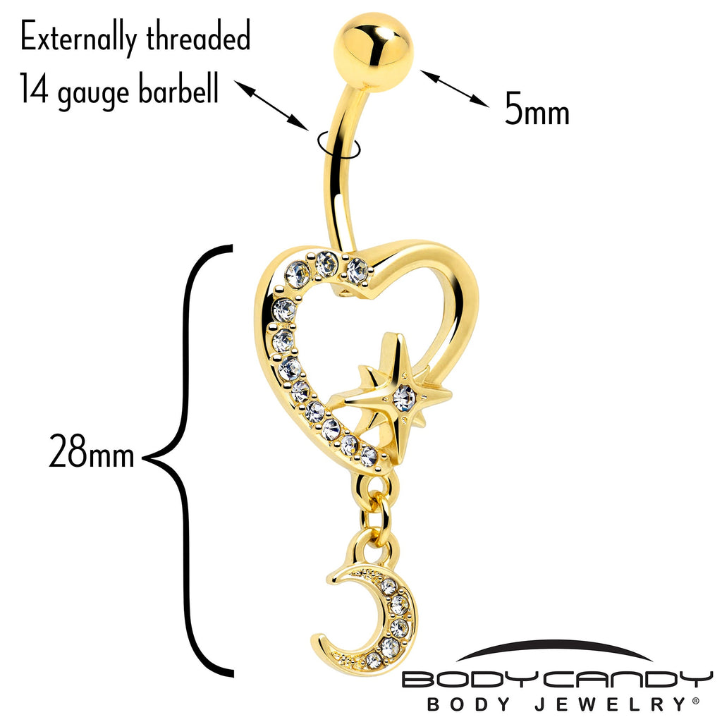 Clear Gem Gold Tone Heart Moon Dangle Belly Ring