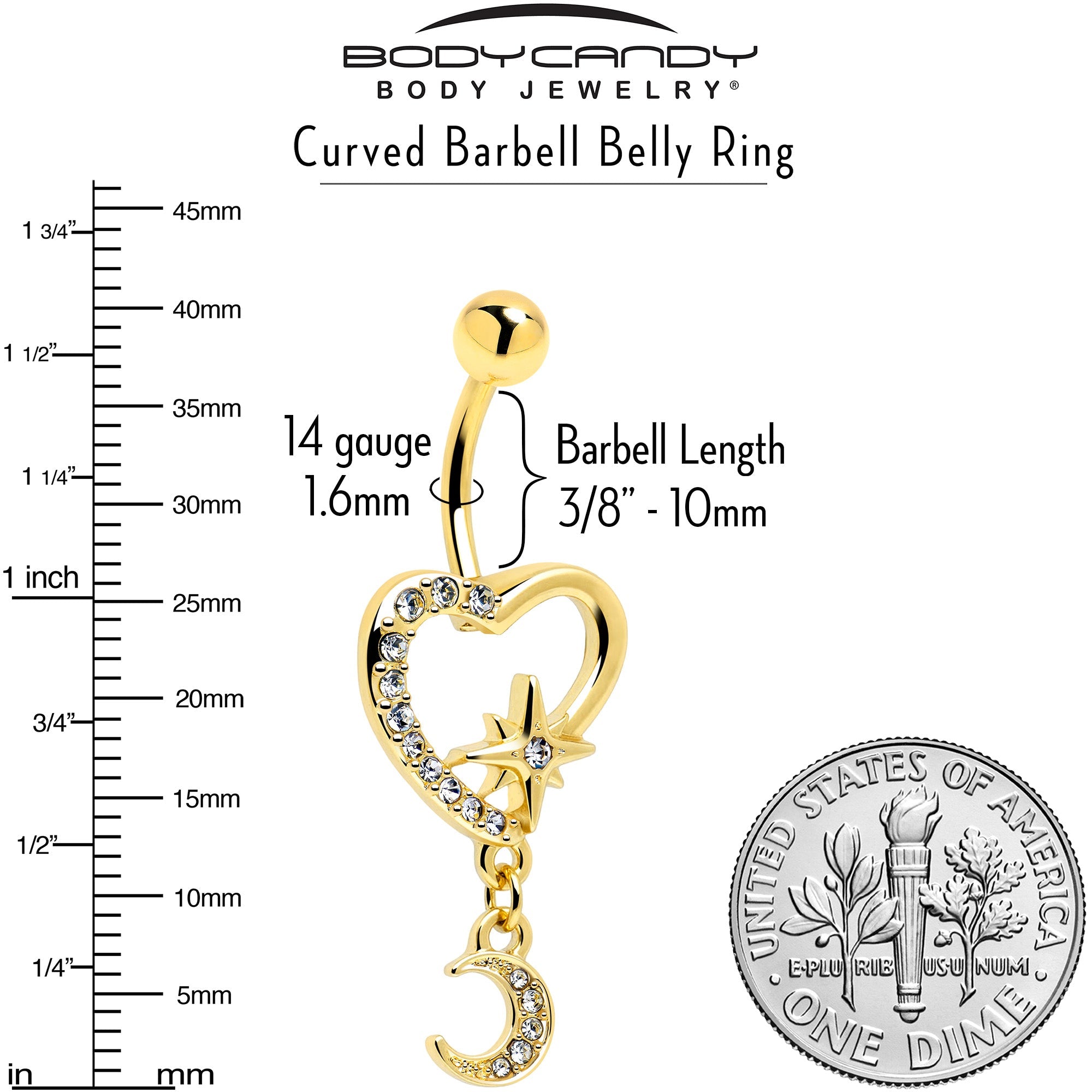 Clear Gem Gold Tone Heart Moon Dangle Belly Ring