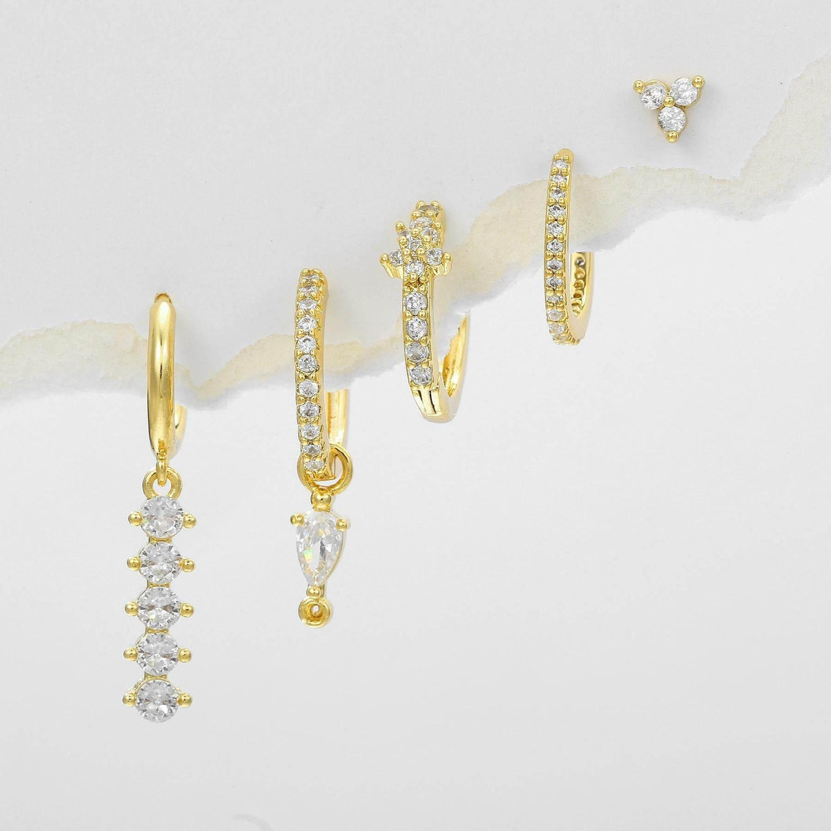 Stacking 5 Pieces Simple Clover Single-Row Serrated Ear Cuff Earring Set, 18k Gold-Plated  Teardrop Zircon Earrings, S925 Needle