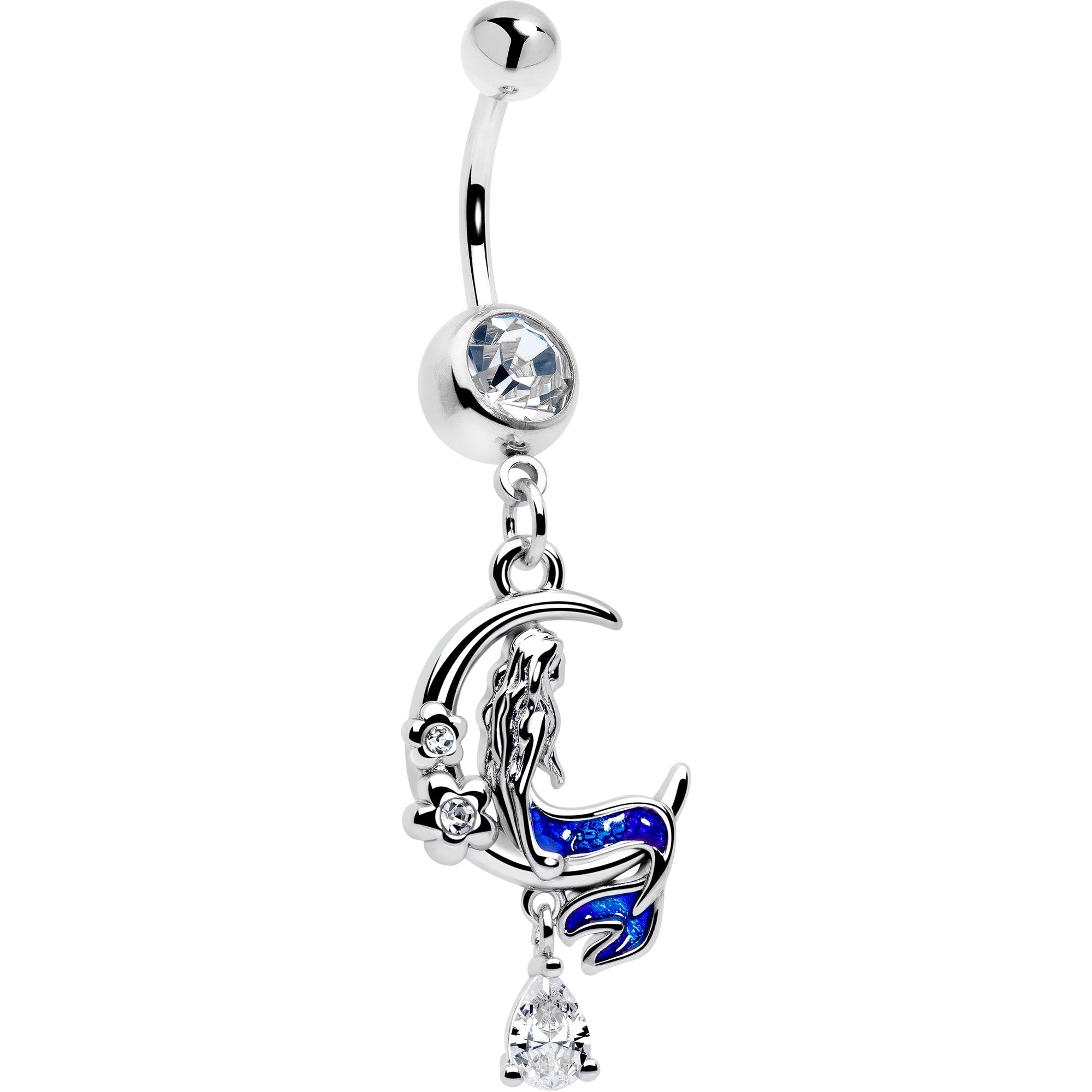 Clear Gem Floral Mermaid Moon Dangle Belly Ring