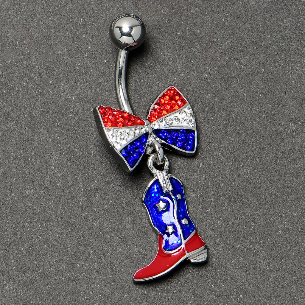 Red Blue Clear Gem Bow Cowboy Boot Patriotic Dangle Belly Ring