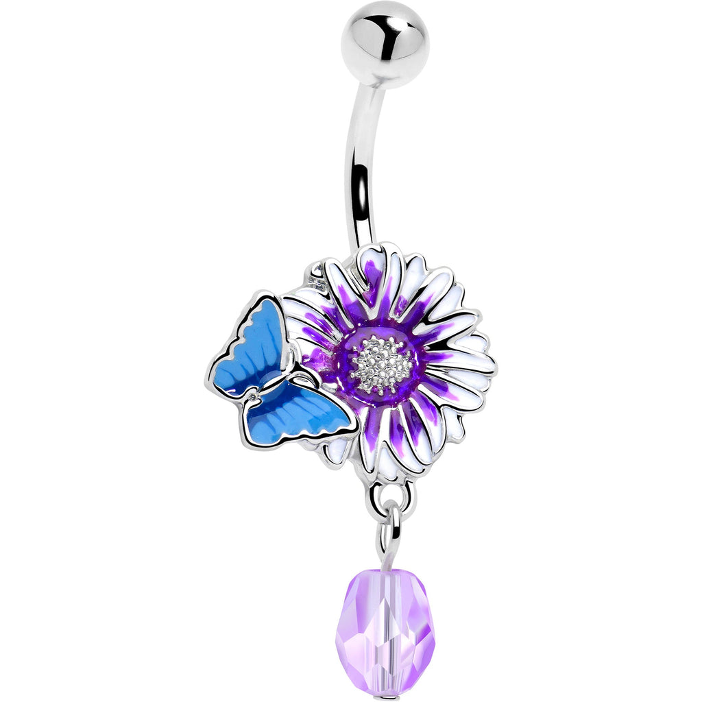 Purple Gem Passion Flower Butterfly Dangle Belly Ring