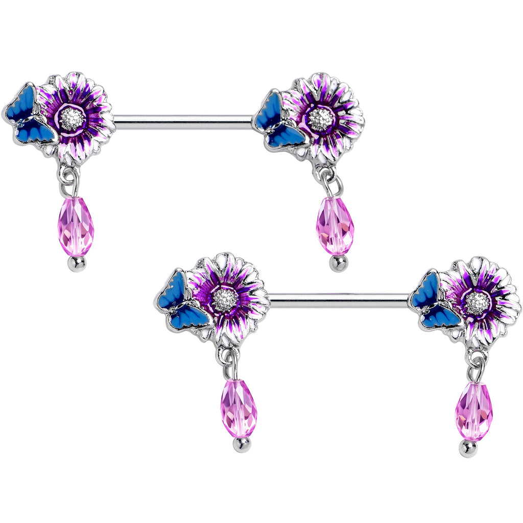 14G Purplish Passion Flower Butterfly Dangle Nipple Ring Set