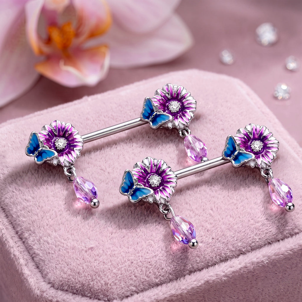 14G Purplish Passion Flower Butterfly Dangle Nipple Ring Set
