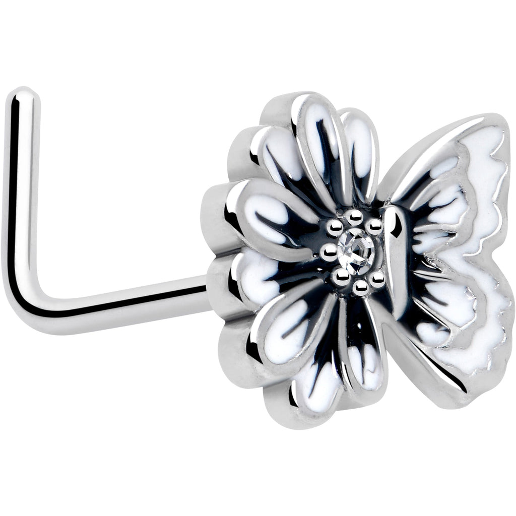 20G 1/4 Clear CZ Gem Butterfly Blossom White L Shape Nose Ring