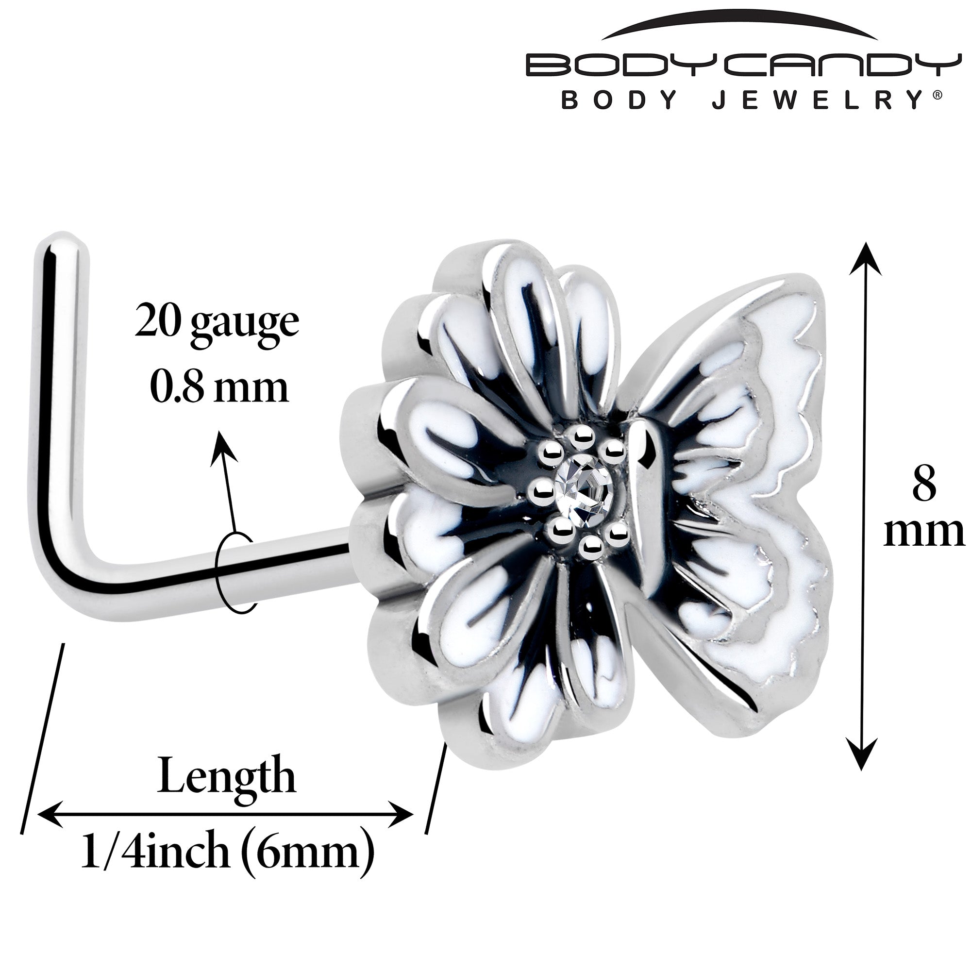 20G 1/4 Clear CZ Gem Butterfly Blossom White L Shape Nose Ring