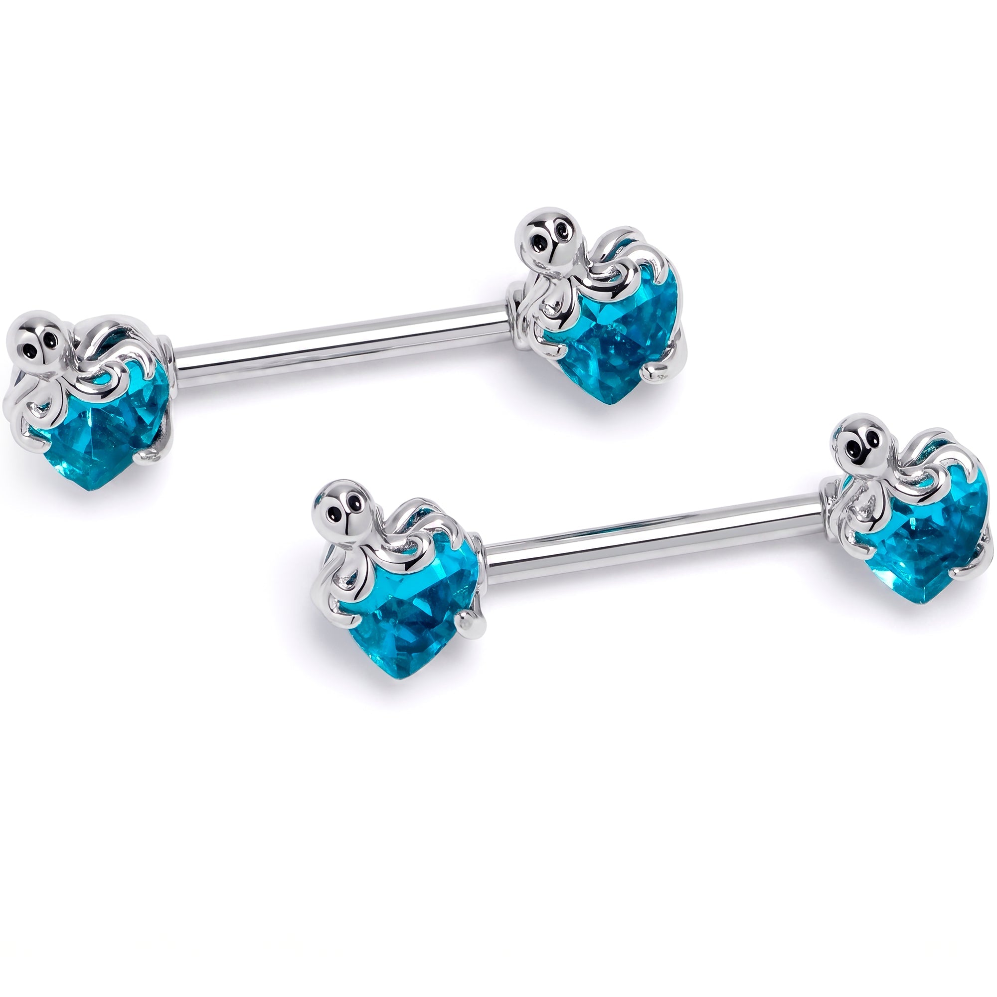 14G 9/16 Blue Gem Octopus Heart Barbell Nipple Ring Set