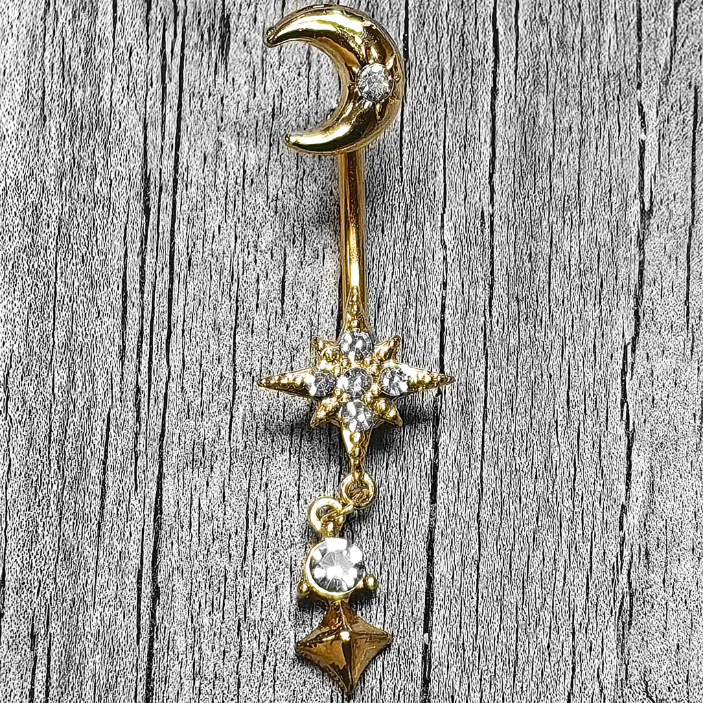 Clear Gem Gold Tone Celestial Glam Dangle Double Mount Belly Ring