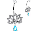 Clear Blue CZ Gem Fashion Flower Lotus Flower Dangle Belly Ring