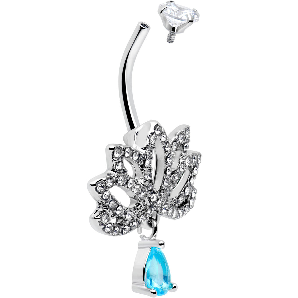 Clear Blue CZ Gem Fashion Flower Lotus Flower Dangle Belly Ring