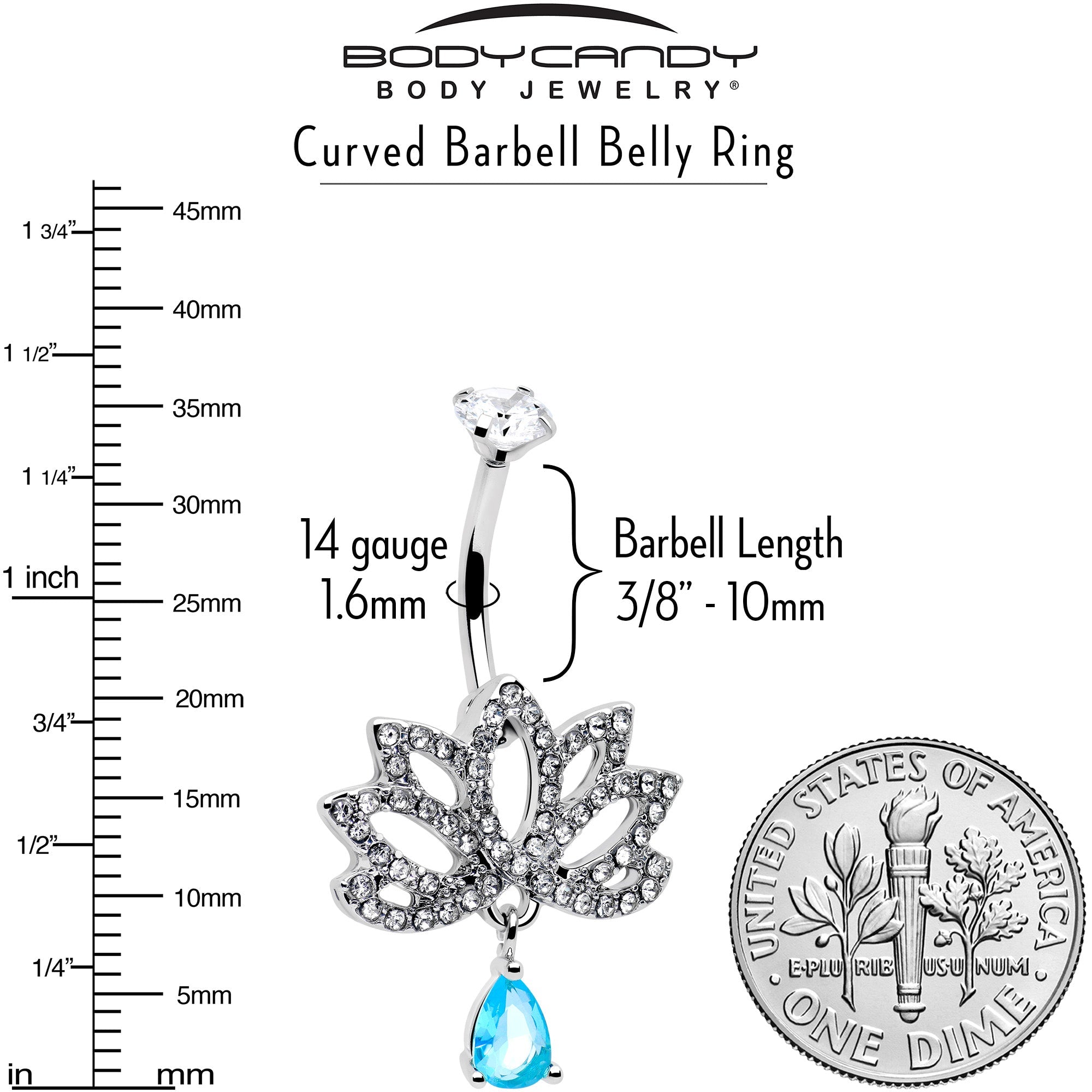 Clear Blue CZ Gem Fashion Flower Lotus Flower Dangle Belly Ring