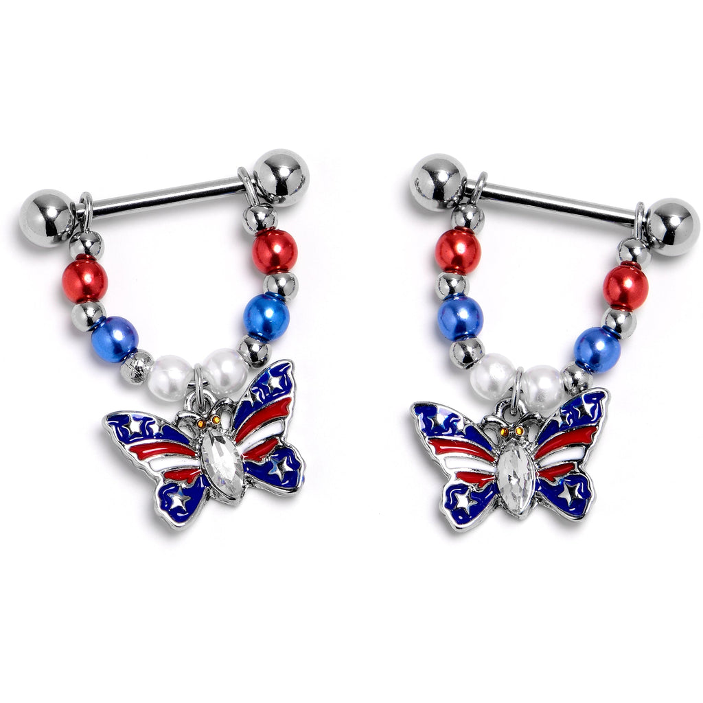 14G 9/16 Clear Gem Patriotic Butterfly Dangle Nipple Ring Set