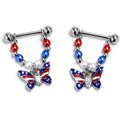 14G 9/16 Clear Gem Patriotic Butterfly Dangle Nipple Ring Set