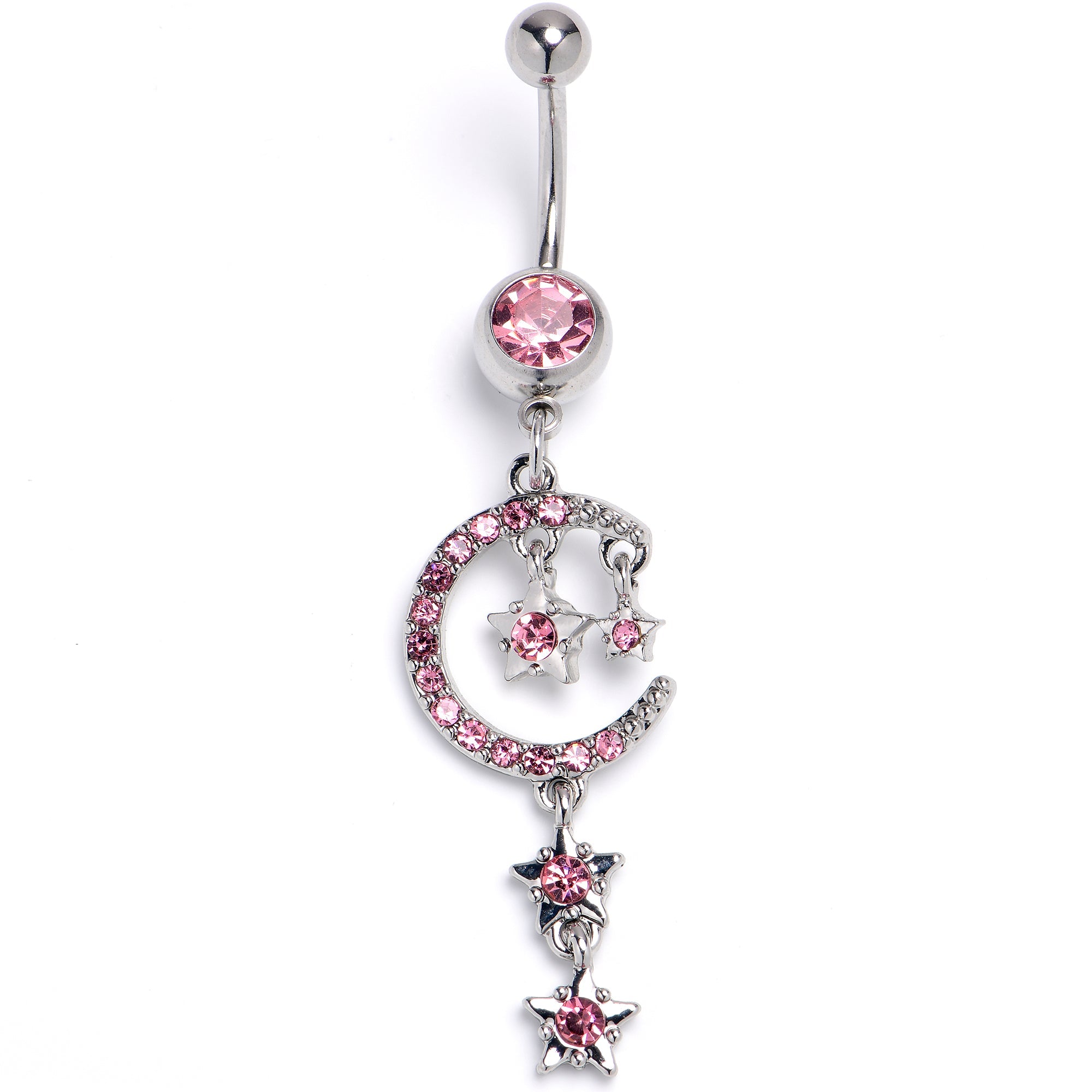 Pink Gem Moon And Stars Internally Threaded Dangle Belly Ring