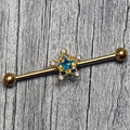 14G Blue Clear Gem Gold Tone Starry Glam Industrial Barbell 38mm