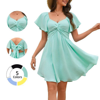 New Square-neck  Short-sleeve  High-waisted Dress