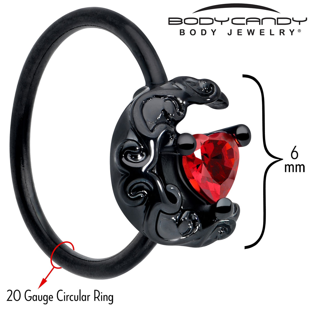 20G 5/16 Red Gem Black Scroll Moon Heart Nose Hoop