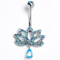Blue CZ Gem Internally Threaded Lotus Fashion Flower Dangle Belly Ring