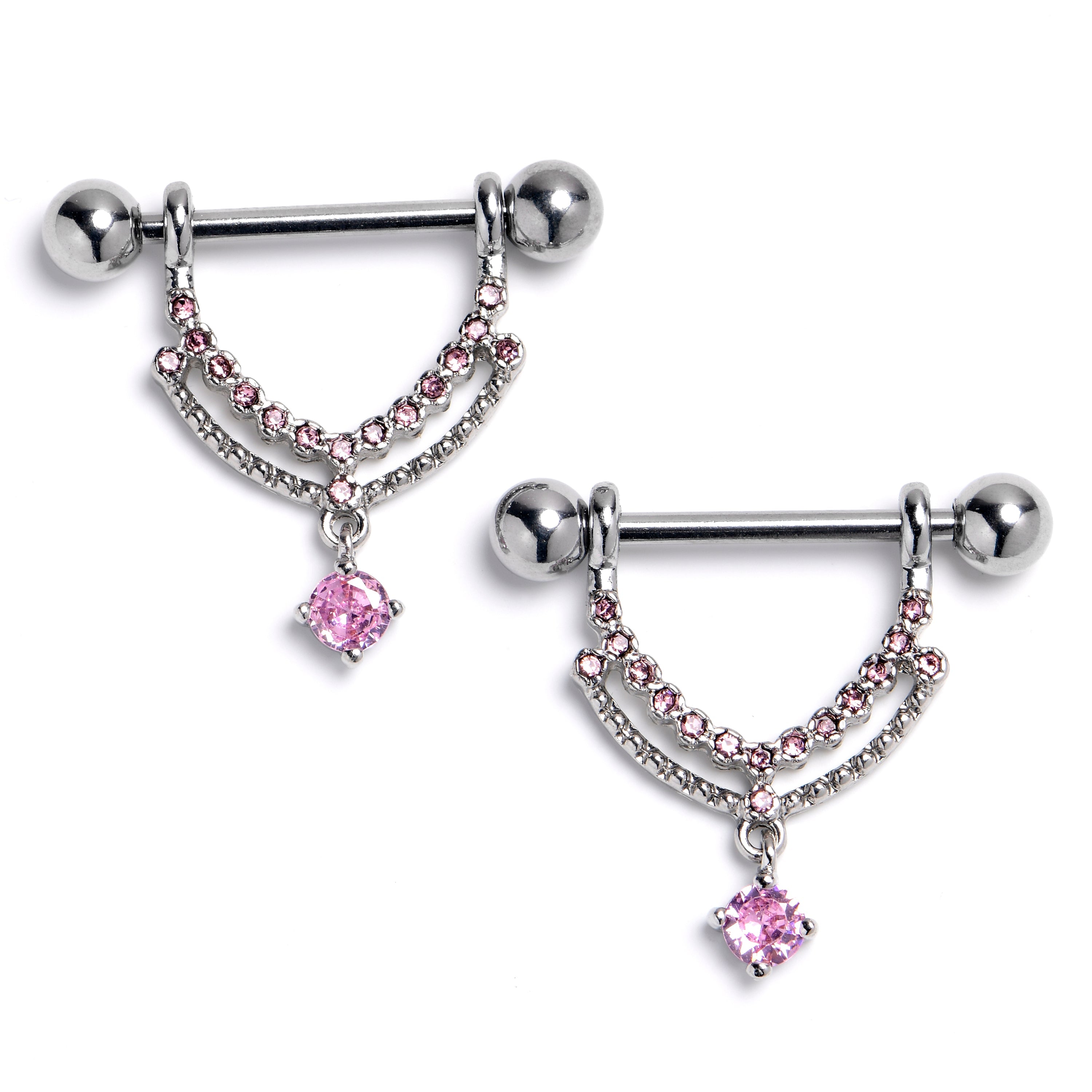 14G 9/16 Pink CZ Gem Double Curvation Dangle Nipple Ring Set