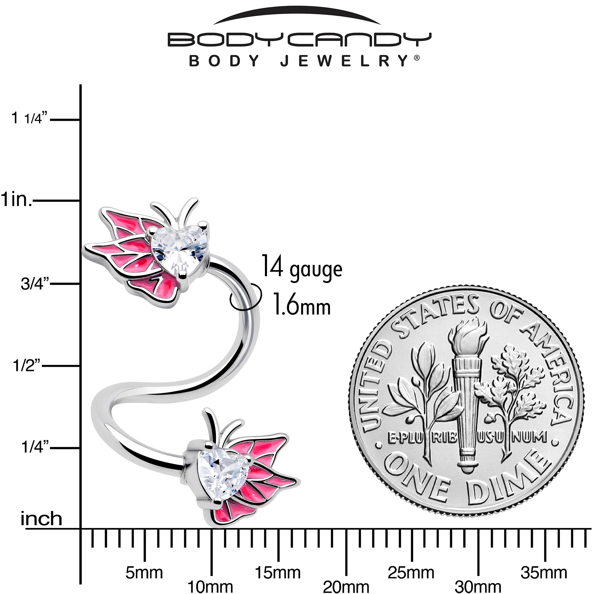 Clear Gem Butterflies Pink Spiral Twister Belly Ring