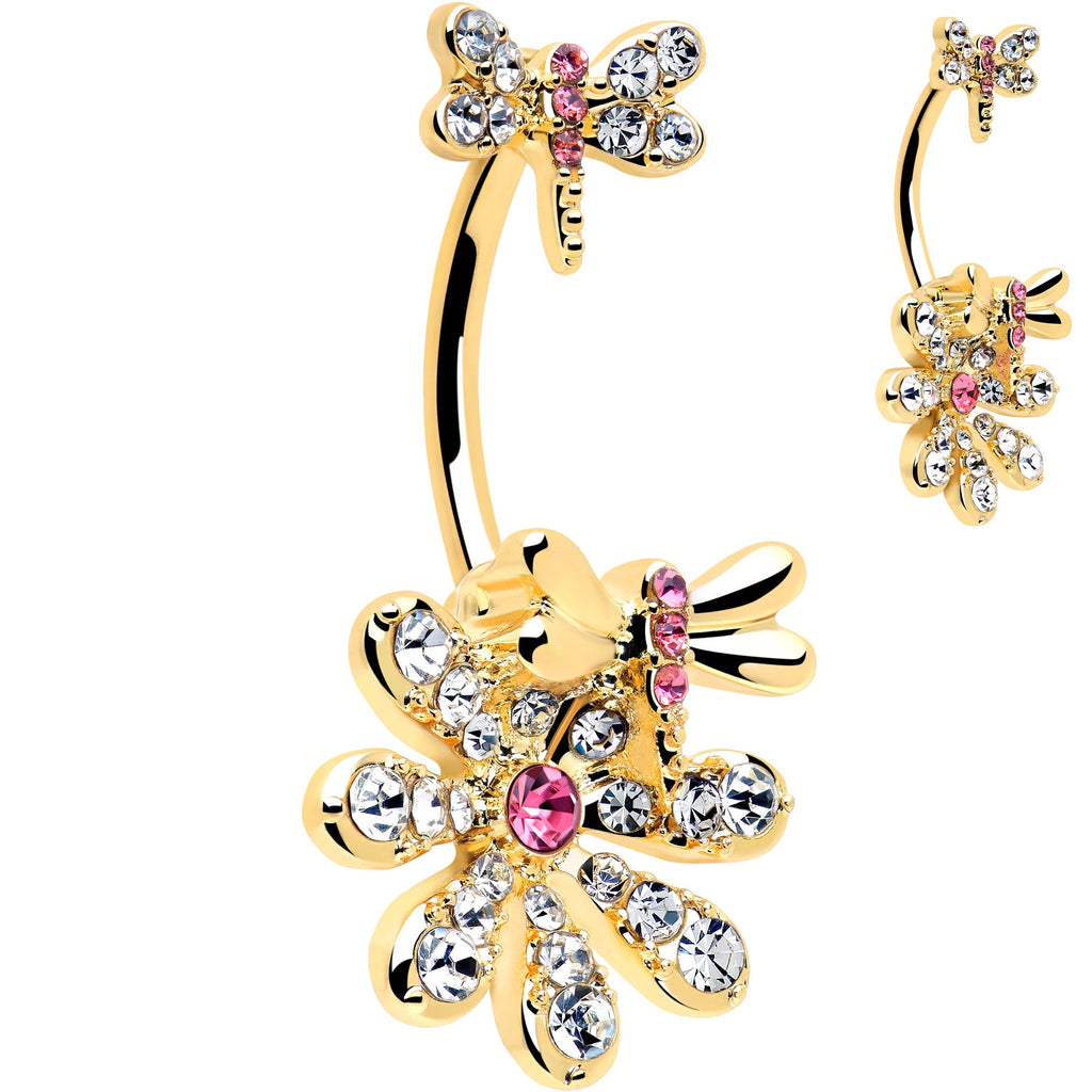 Clear Pink Gem Gold Tone Flower Bug Double Mount Belly Ring