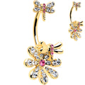 Clear Pink Gem Gold Tone Flower Bug Double Mount Belly Ring