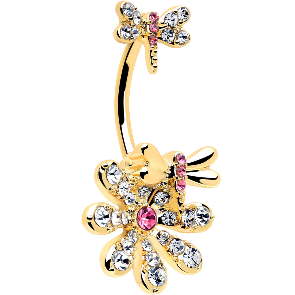 Clear Pink Gem Gold Tone Flower Bug Double Mount Belly Ring