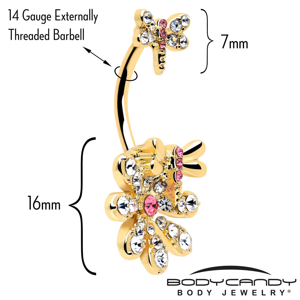 Clear Pink Gem Gold Tone Flower Bug Double Mount Belly Ring