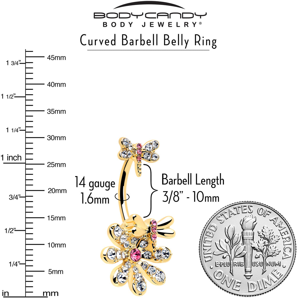 Clear Pink Gem Gold Tone Flower Bug Double Mount Belly Ring