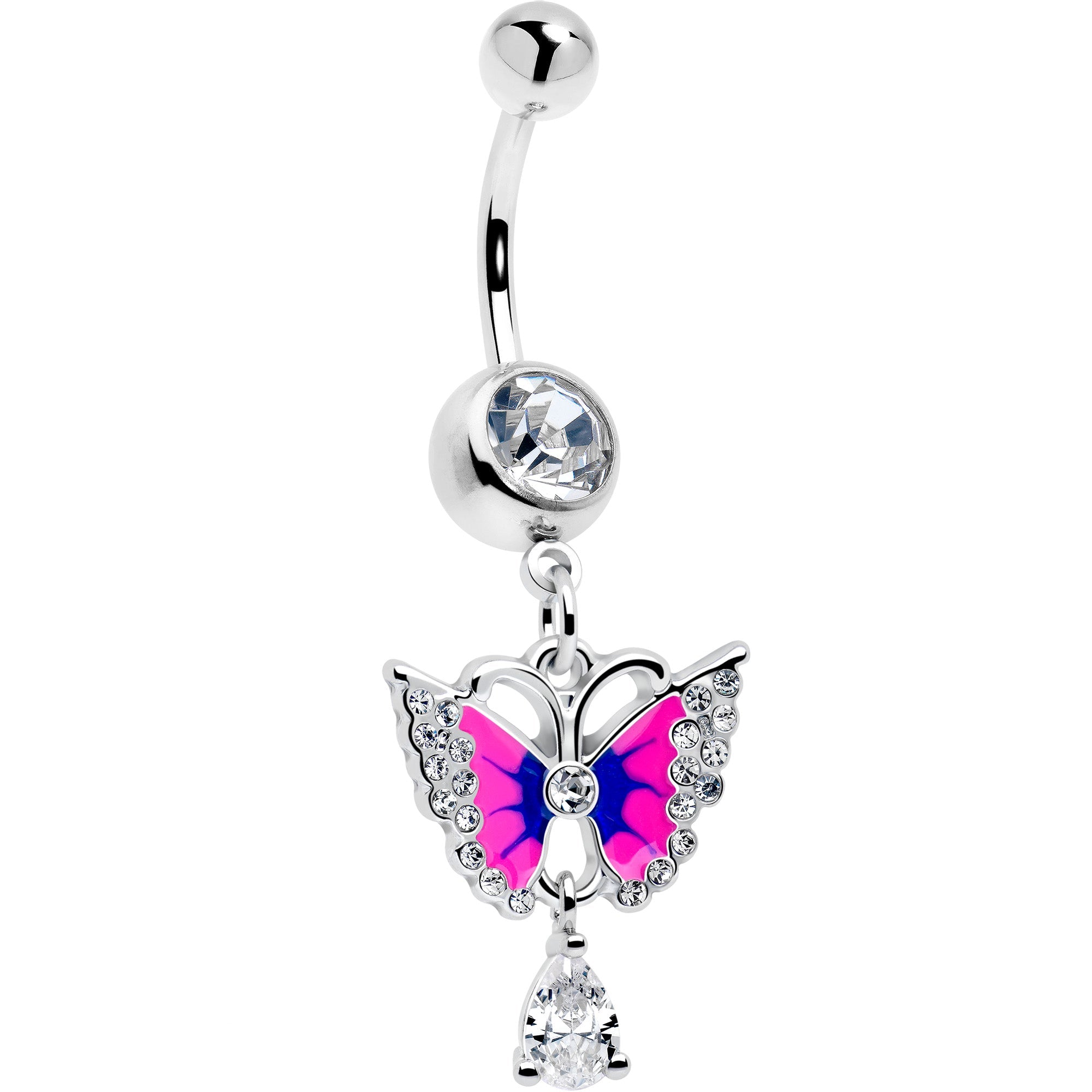 Clear Gem Drop Butterfly Pink Blue Dangle Belly Ring